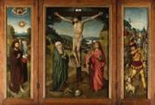 A Triptych; Central Panel: The 
Crucifixion With The Virgin Andsaint John The Evangelist; Wings: Saint 
John The Baptist, Thebaptism Of Christ Beyond; And Saint George Slaying 
The Dragon; Andthe Annunciation En Grisaille (on The Reverse) Oil Painting by The Master Of Frankfurt