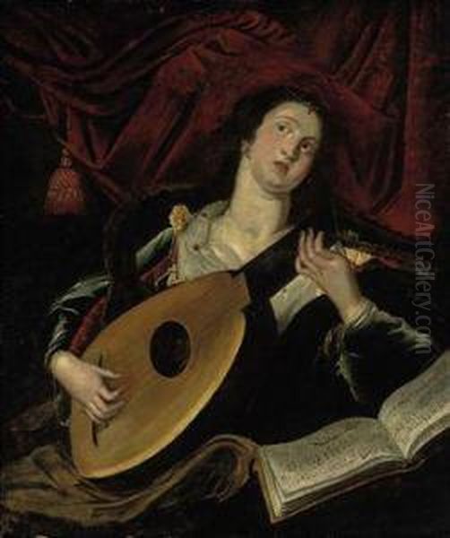 A Lady Playing A Lute Oil Painting by The Master Of The Female Half-Lengths