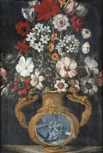 Tulips, Poppies, Narcissi And Other Flowers In A Sculped Vase Oil Painting by Master Of The Grotesque Vases