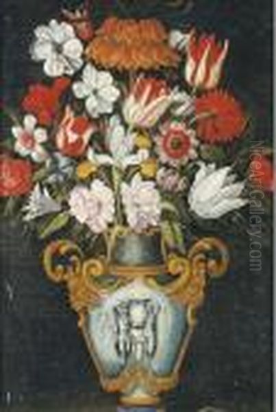 Tulips, Peonies, Narcissi And Other Flowers In A Sculptedvase Oil Painting by Master Of The Grotesque Vases