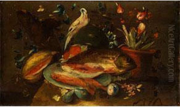 Stilleben Mit Fischen, Fruchten, Blumen Und Einem Paradiesvogel Oil Painting by Master Of The Guardeschi Flowers