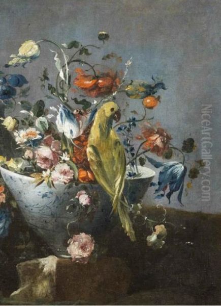 Composizione Di Fiori Con Pappagallo Oil Painting by Master Of The Guardeschi Flowers