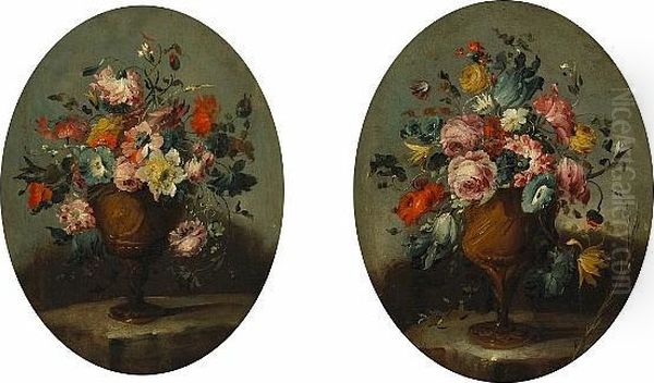 A Study Of Flowers In A Vase On A Stone Ledge; Also A Companion Painting (a Pair) Oil Painting by Master Of The Guardeschi Flowers