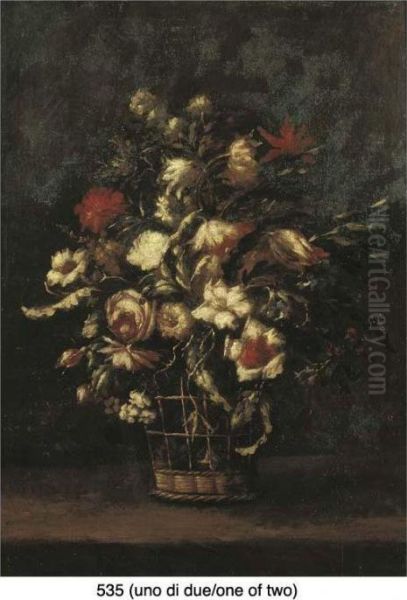 Tulipani, Garofani, Rose, 
Campanule E Altri Fiori In Un Cesto Divimini Su Un Piano Di Pietra; E 
Tulipani, Rose, Garofani, Gelsominoe Altri Fiori In Un Cesto Di Vimini 
Su Un Piano Di Pietra Oil Painting by Master Of The Guardeschi Flowers