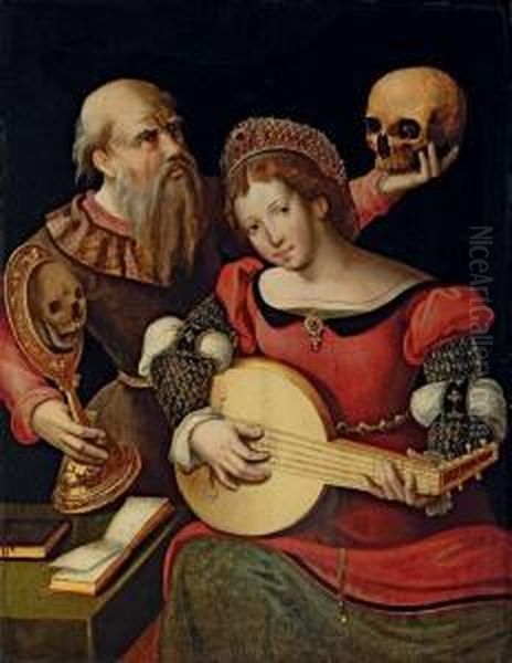 A Vanitas With A Lady Playing A Lute And A Man Holding A Skull And A Mirror Oil Painting by Master Of The Half-Length Figures