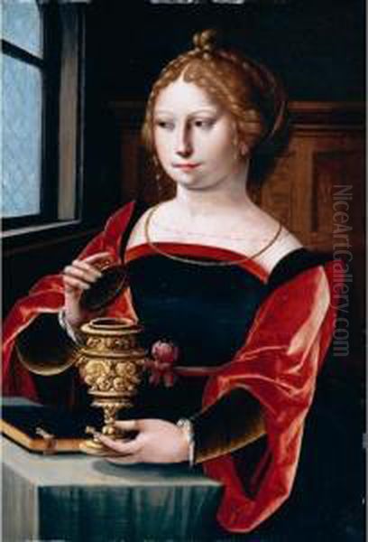 The Magdalene Seated At A Table By A Window, Holding A Gold Encrusted Urn Oil Painting by Italian Unknown Master