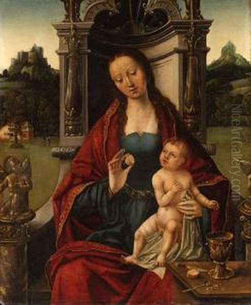 The Virgin And Child Enthroned, A Hilly Landscape With A Castlebeyond Oil Painting by Italian Unknown Master