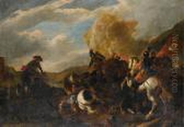 A Cavalry Battle In An Extensivelandscape Oil Painting by Marzio Masturzio