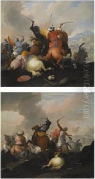 A Pair Of Battle Scenes Between Christians And Ottomans Oil Painting by Marzio Masturzio