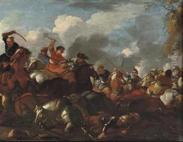 A Cavalry Engagement Between Turcs And Christians Oil Painting by Marzio Masturzio