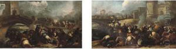 A Cavalry Skirmish On A Bridge Oil Painting by Marzio Masturzio