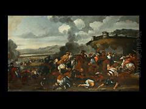 Reiterschlacht In Weiterlandschaft Mit Festung Auf Einem Hugel Oil Painting by Marzio Masturzio