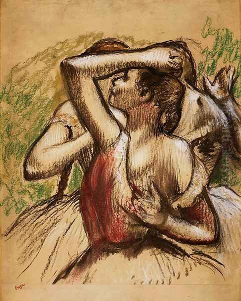 Three Ballet Dancers, One with Dark Crimson Waist Oil Painting by Edgar Degas