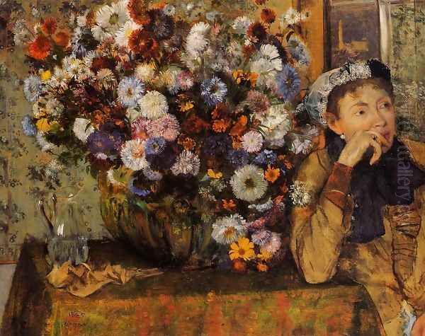 A Woman Seated beside a Vase of Flowers Oil Painting by Edgar Degas