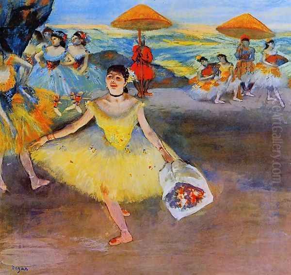 Dancer with bouquet, curtseying, 1877 Oil Painting by Edgar Degas