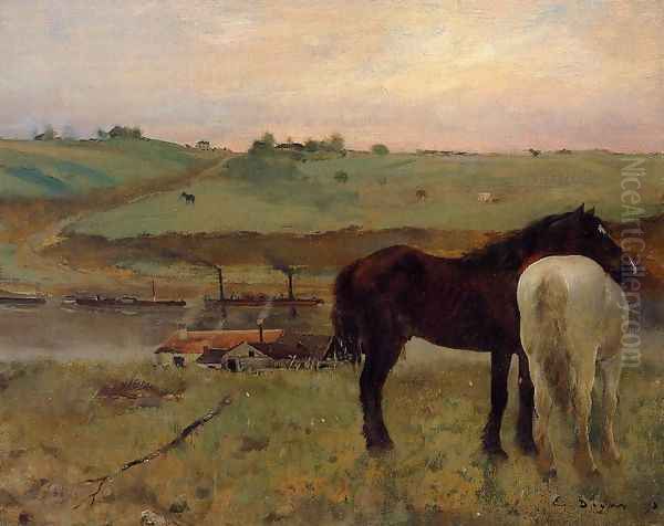 Horses in a Meadow Oil Painting by Edgar Degas