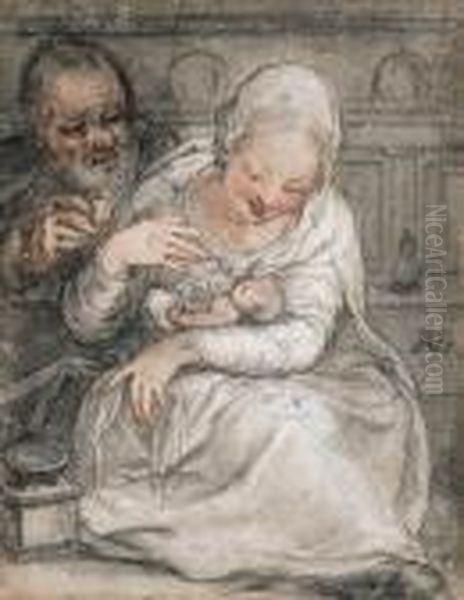 The Holy Family In An Interior Oil Painting by Jacob Matham