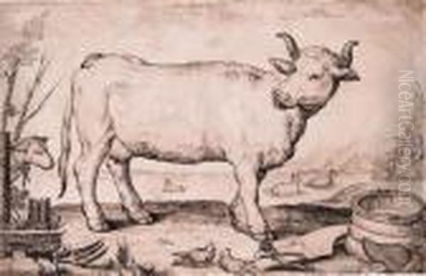 A Cow, A Couple Merrymaking Beyond Oil Painting by Jacob Matham