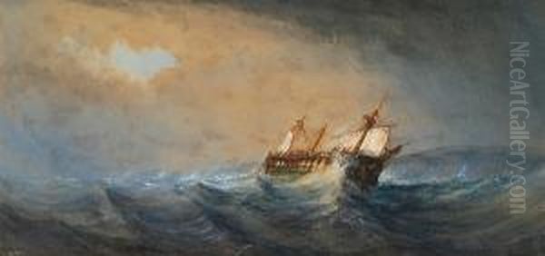 Fishing Boats Off A Coast Oil Painting by John Robert Mather