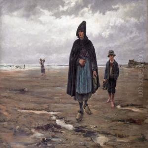 Woman And Boy On Thebeach Oil Painting by Paul Mathey