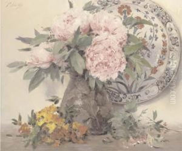 Peonies In A Vase With An Ornamental Plate Oil Painting by Paul Mathey