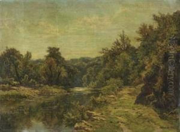 A River Landscape Oil Painting by Gabriel Mathieu