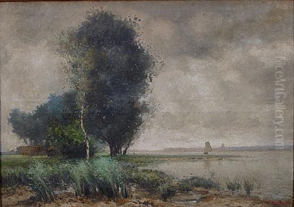 Zeilbootje In Een Landschap. Oil Painting by Paul Mathieu