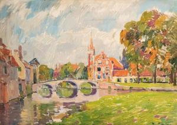 A View In A Town With A Bridge Oil Painting by Paul Mathieu