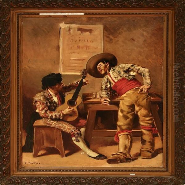 A Bullfighter And A Guitarist In A Tap Room In Seville Oil Painting by Segundo Matilla Y Marina