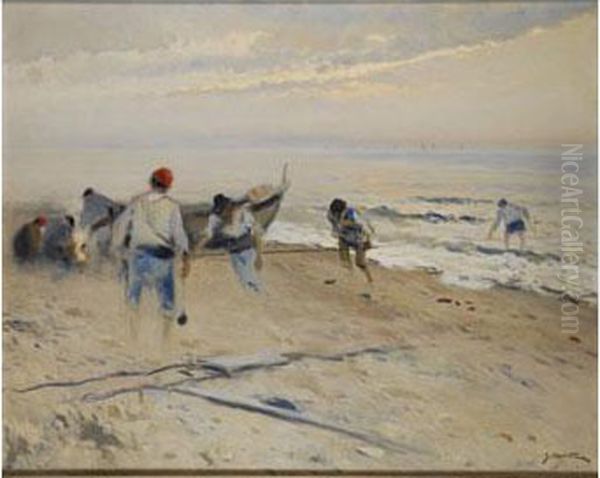 Playa Con Pescadores Oil Painting by Segundo Matilla Y Marina