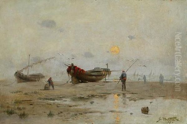 Barcas Y Pescadores Al Amanecer Oil Painting by Segundo Matilla Y Marina