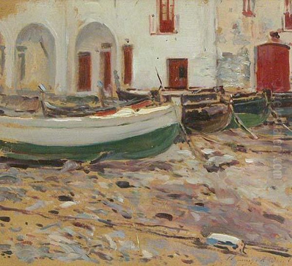 Barcas Varadas En La Arena. Oil Painting by Segundo Matilla Y Marina