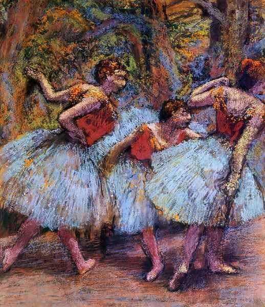 Three Dancers, Blue Skirts, Red Blouses Oil Painting by Edgar Degas