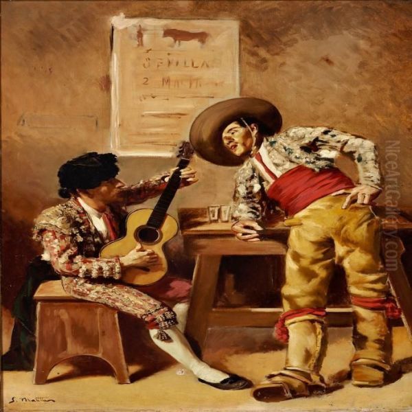 A Bullfighter And A Guitarist In A Tap Room Oil Painting by Segundo Matilla Y Marina