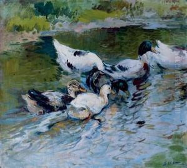 Patos En Un Estanque (ducks On A Pond) Oil Painting by Segundo Matilla Y Marina