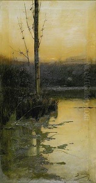 Laguna Y Arbol. Oil Painting by Segundo Matilla Y Marina