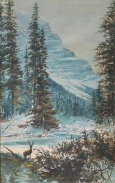 Elk In Snowy Landscape Oil Painting by Marmaduke Matthews