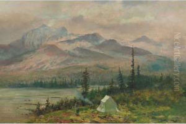 A Painting Camp In The Rockies, The Artist At His Easel Oil Painting by Marmaduke Matthews