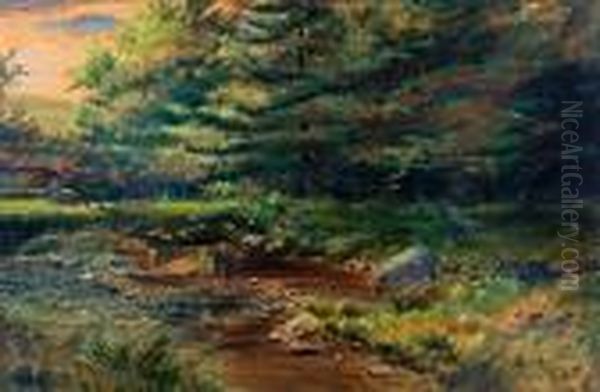 Horses Grazing At The River's Edge Oil Painting by Marmaduke Matthews