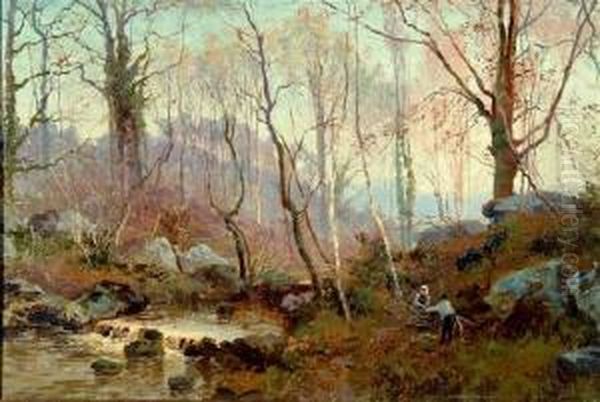 A Wooded Stream With Faggot Gatherers Oil Painting by William Matthison