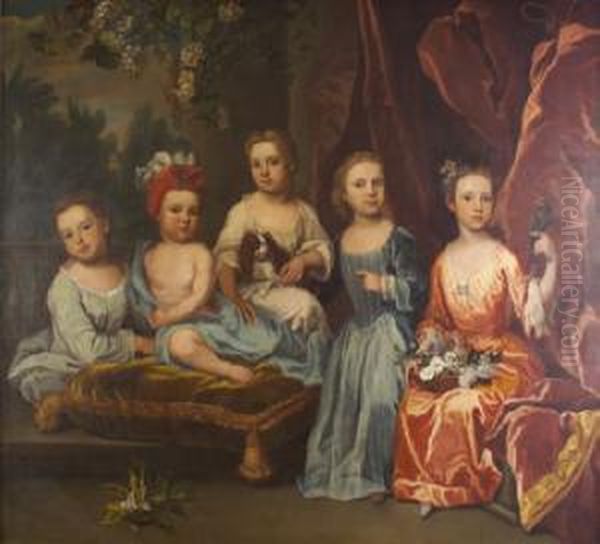 A Portrait Group Of The Smith 
Children On A Terrace With A Spaniel, Basket Of Flowers And A Parakeet. Oil Painting by James Francis Maubert