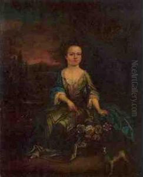 Portrait Of A Young Girl, Full 
Length, In A Green Dress Beside A Basket Of Flowers And A Spaniel With A
 Wooded River Landscape Beyond Oil Painting by James Francis Maubert