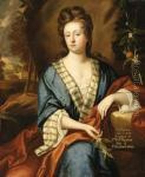 Portrait Of Catherine, Lady 
Lister, Seated Three-quarter Length,wearing A Blue Dress And Orange 
Shawl, Holding A Sprig Of Orangeblossom Oil Painting by James Francis Maubert