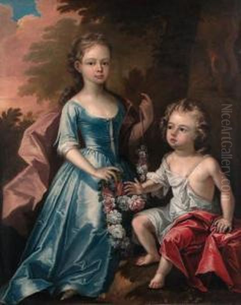 Double Portrait Of A Young Girl,
 Full-length, In A Blue Satin Dressand Mauve Wrap, Holding A Wreath Of 
Flowers, And A Young Boy Inclassical Dress, In A Wooded Landscape Oil Painting by James Francis Maubert