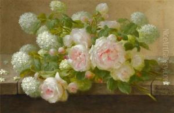 Pink Roses With Lilac Oil Painting by Raoul Maucherat de Longpre