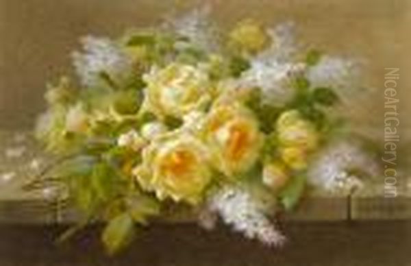 Yellow Roses With Lilac Oil Painting by Raoul Maucherat de Longpre