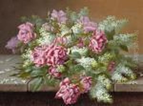 Still Life With Pink Roses And Lilacs Oil Painting by Raoul Maucherat de Longpre