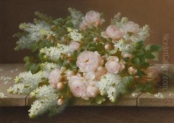 Pink Roses And Lilac Oil Painting by Raoul Maucherat de Longpre