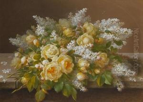 Yellow Roses And Lilac Oil Painting by Raoul Maucherat de Longpre