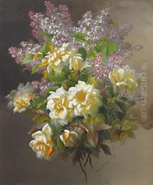 Lilacs And Yellow Roses Oil Painting by Raoul Maucherat de Longpre